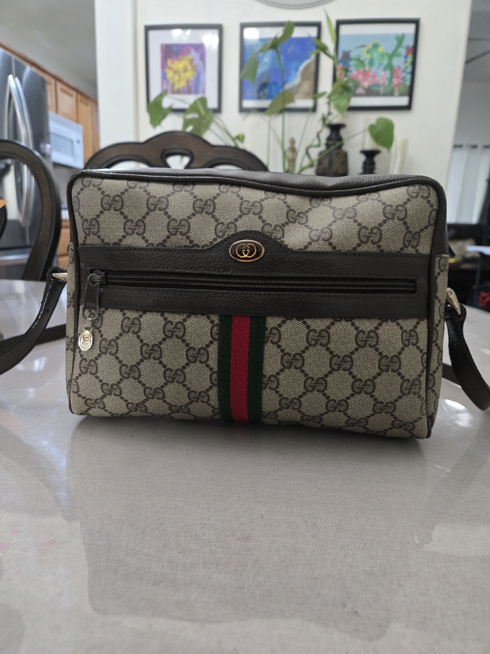 Gucci Beige GG Canvas Crossbody Bag with Green-Red Stripe